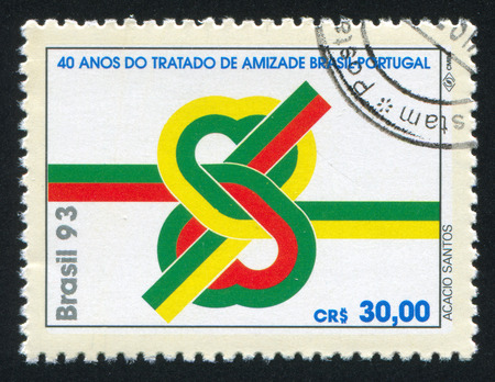 BRAZIL - CIRCA 1993: stamp printed by Brazil, shows  Brazil-Portugal Treaty of Consultation and Friendship, circa 1993のeditorial素材