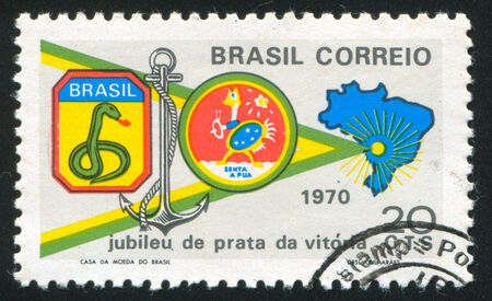 BRAZIL - CIRCA 1970: stamp printed by Brazil, shows  Brazilian Military Emblems and Map, circa 1970のeditorial素材