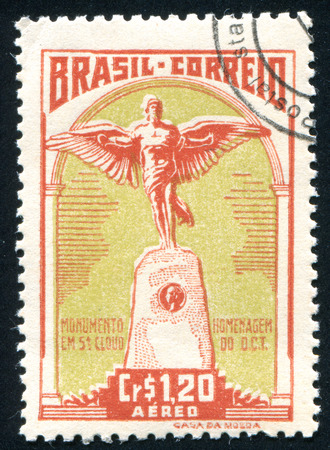 BRAZIL - CIRCA 1947: stamp printed by Brazil, shows  Santos-Dumont Monument Cloud France, circa 1947のeditorial素材
