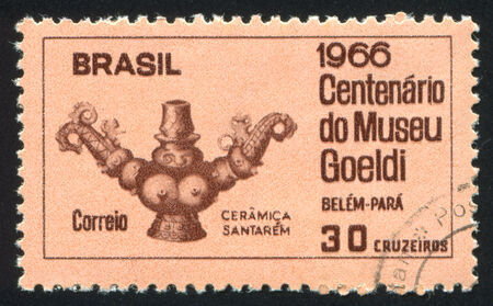 BRAZIL - CIRCA 1966: stamp printed by Brazil, shows  Ceramic Candlestick from Santarem, circa 1966のeditorial素材