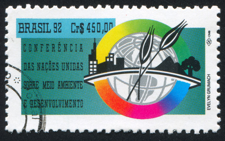 BRAZIL - CIRCA 1992: stamp printed by Brazil, shows  UN Conference on Environmental Development Rio de Janeiro, circa 1992のeditorial素材