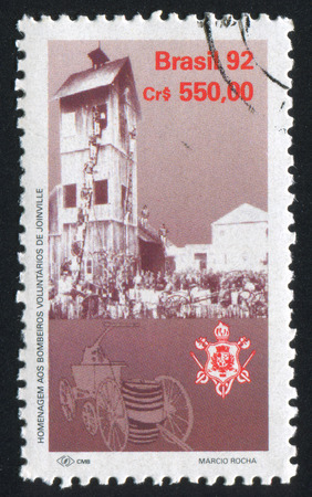 BRAZIL - CIRCA 1992: stamp printed by Brazil, shows  Volunteer firemen of Joinville, circa 1992のeditorial素材