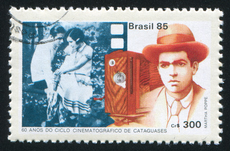 BRAZIL - CIRCA 1985: stamp printed by Brazil, shows  Director Humberto Mauro, Scene from Sangue Mineiro, circa 1985のeditorial素材