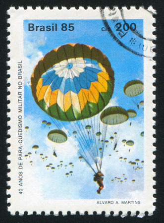 BRAZIL - CIRCA 1985: stamp printed by Brazil, shows  skydiving, circa 1985のeditorial素材