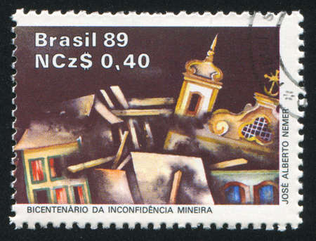 BRAZIL - CIRCA 1989: stamp printed by Brazil, shows  Destruction of houses, circa 1989のeditorial素材