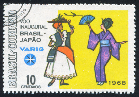 BRAZIL - CIRCA 1968: stamp printed by Brazil, shows  Brazilian and Japanese Women, circa 1968のeditorial素材