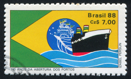 BRAZIL - CIRCA 1988: stamp printed by Brazil, shows  liner and ship, circa 1988のeditorial素材