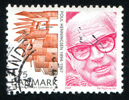 DENMARK - CIRCA 2007: stamp printed by Denmark, shows Poul Henningsen, designer, and Artichoke lamp, circa 2007のeditorial素材