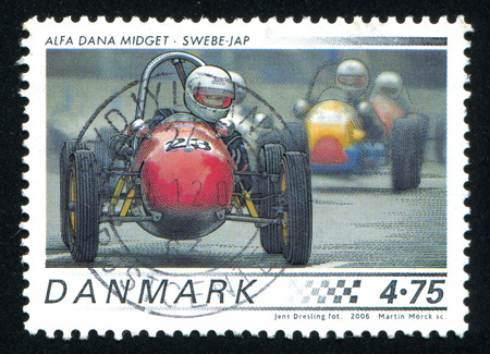 DENMARK - CIRCA 2006: stamp printed by Denmark, shows Race Cars, Alfa Dana Midget, circa 2006のeditorial素材