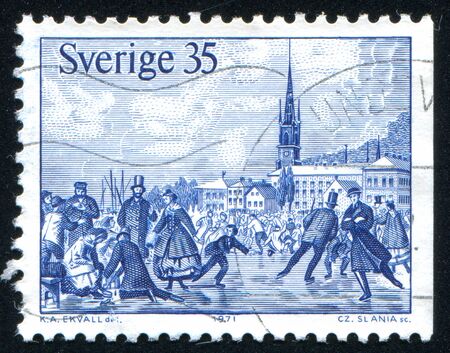 SWEDEN - CIRCA 1971: stamp printed by Sweden, shows Ice skating on frozen waterways in Stockholm, circa 1971のeditorial素材