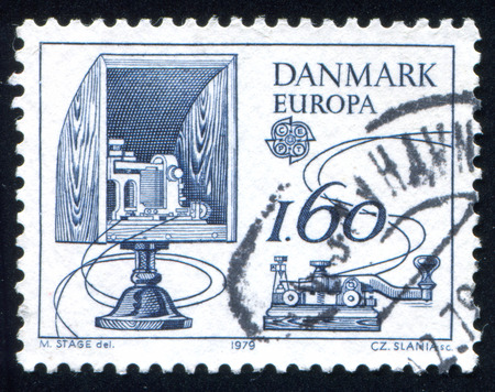 DENMARK - CIRCA 1979: stamp printed by Denmark, shows Morse key and amplifier, circa 1979のeditorial素材