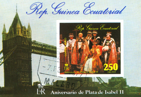 EQUATORIAL GUINEA - CIRCA 1977: stamp printed by Equatorial Guinea, shows Queen Elizabeth coronation, circa 1977のeditorial素材