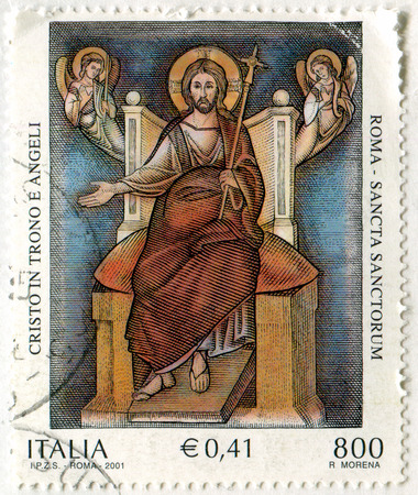 ITALY - CIRCA 2001: stamp printed by Italy, shows Enthroned Christ and Angels, Sancta Sanctorum, St. John Lateran Basilica, circa 2001のeditorial素材