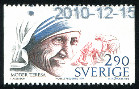 SWEDEN - CIRCA 1986: stamp printed by Sweden, shows Nobel Peace Prize Laureates Mother Teresa, circa 1986のeditorial素材