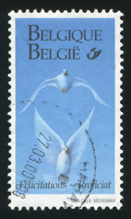 RUSSIA KALININGRAD, 26 OCTOBER 2015: stamp printed by Belgium, shows Two doves, circa 1999のeditorial素材