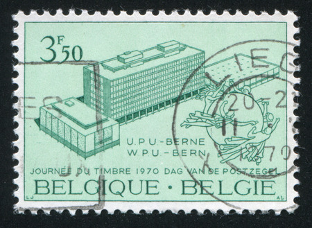 RUSSIA KALININGRAD, 19 OCTOBER 2015: stamp printed by Belgium, shows New UPU Headquarters and Monument Bern, circa 1970のeditorial素材