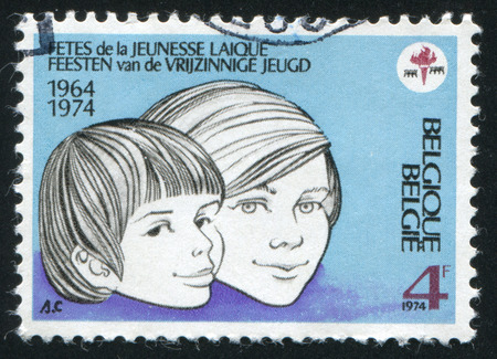 RUSSIA KALININGRAD, 19 OCTOBER 2015: stamp printed by Belgium, shows Children, circa 1974のeditorial素材