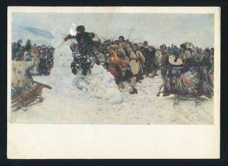 RUSSIA - CIRCA 1980: post card printed by Russia, shows Painting Taking a snowy town. Artist  Vasily Surikov, circa 1980.のeditorial素材
