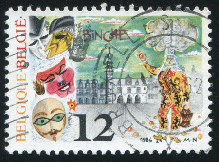 RUSSIA KALININGRAD, 20 OCTOBER 2015: stamp printed by Belgium, shows Carnival Cities of Aalst and Binche, circa 1986のeditorial素材
