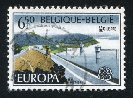 RUSSIA KALININGRAD, 20 OCTOBER 2015: stamp printed by Belgium, shows Gileppe Dam, Jalhay, circa 1977のeditorial素材