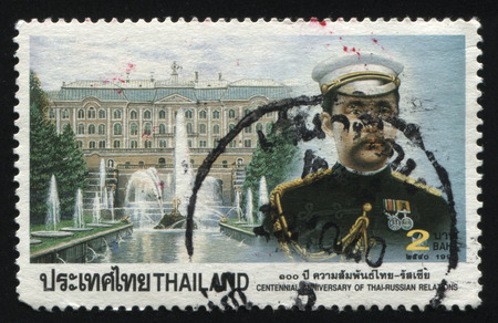 RUSSIA KALININGRAD, 31 MAY 2016: stamp printed by Thailand shows Peterhof Palace, King Chulalongkorn, circa 1997のeditorial素材