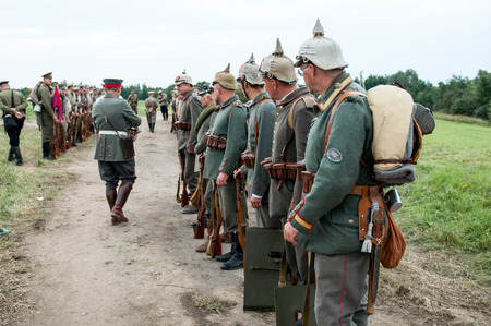 KALININGRAD RUSSIA, 21 AUGUST 2016: Historical reenactment of the Battle of Gumbinnen, World War I, German soldier  Kaliningrad region, Russia.のeditorial素材