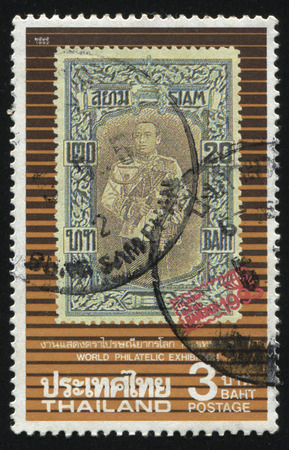 RUSSIA KALININGRAD, 2 JUNE 2016: stamp printed by Thailand, shows an old stamp at World Philatelic exhibition, 1992のeditorial素材