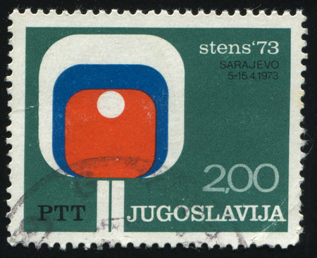 RUSSIA KALININGRAD, 12 NOVEMBER 2016: stamp printed by Yugoslavia, shows Championship poster, circa 1973のeditorial素材
