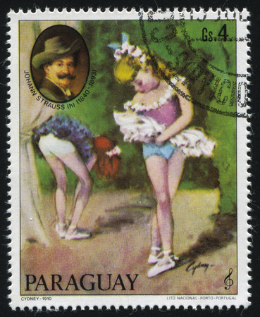 RUSSIA KALININGRAD, 15 APRIL 2017: stamp printed by Paraguay, shows Painting of Ballerina and the Portrait of Johann Straus the younger by Cydney, circa 1980のeditorial素材