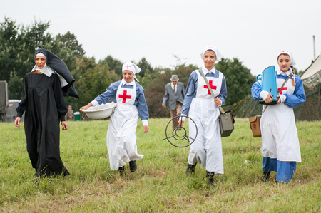 KALININGRAD RUSSIA, 21 AUGUST 2016: Historical reenactment of the Battle of Gumbinnen, World War I, Sister of Mercy   Kaliningrad region, Russia.のeditorial素材