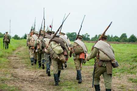 KALININGRAD RUSSIA, 21 AUGUST 2016: Historical reenactment of the Battle of Gumbinnen, World War I, Russian soldier  Kaliningrad region, Russia.のeditorial素材