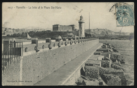 RUSSIA KALININGRAD, 17 NOVEMBER 2016: postcard printed by France shows vintage France postcard lighthouse, circa 1910のeditorial素材