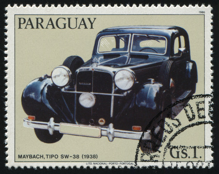 RUSSIA KALININGRAD, 22 APRIL 2017: stamp printed by Paraguay, shows retro car stamp, circa 1986のeditorial素材