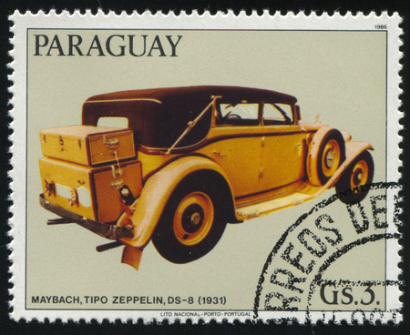 RUSSIA KALININGRAD, 22 APRIL 2017: stamp printed by Paraguay, shows retro car stamp, circa 1986のeditorial素材