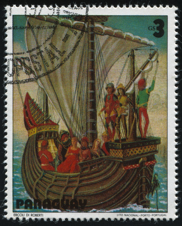RUSSIA KALININGRAD, 22 APRIL 2017: stamp printed by Paraguay, shows sailboat, circa 1976のeditorial素材