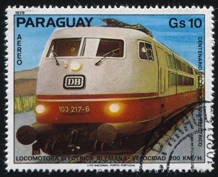 RUSSIA KALININGRAD, 22 APRIL 2017: stamp printed by Paraguay, shows locomotive, circa 1979のeditorial素材