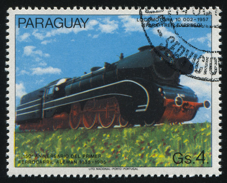 RUSSIA KALININGRAD, 22 APRIL 2017: stamp printed by Paraguay, shows locomotive, circa 1985のeditorial素材