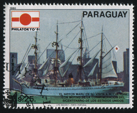 RUSSIA KALININGRAD, 22 APRIL 2017: stamp printed by Paraguay, shows sailboat, circa 1980のeditorial素材