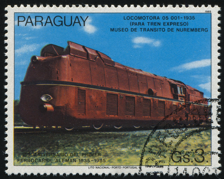 RUSSIA KALININGRAD, 22 APRIL 2017: stamp printed by Paraguay, shows locomotive, circa 1985のeditorial素材