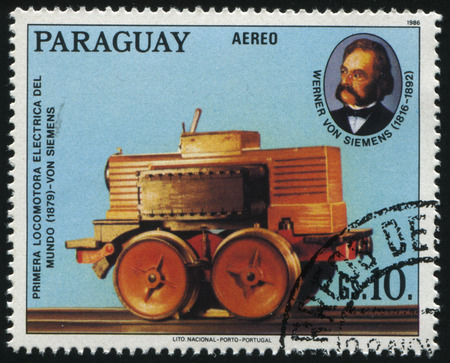 RUSSIA KALININGRAD, 22 APRIL 2017: stamp printed by Paraguay, shows locomotive, circa 1986のeditorial素材