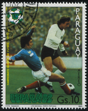 RUSSIA KALININGRAD, 19 APRIL 2017: stamp printed by Paraguay, shows football, circa 1981のeditorial素材