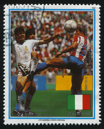 RUSSIA KALININGRAD, 19 APRIL 2017: stamp printed by Paraguay, shows football, circa 1989のeditorial素材