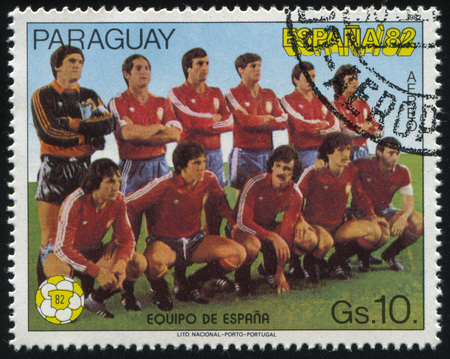 RUSSIA KALININGRAD, 19 APRIL 2017: stamp printed by Paraguay, shows football, circa 1982のeditorial素材