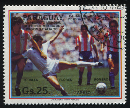RUSSIA KALININGRAD, 19 APRIL 2017: stamp printed by Paraguay, shows football, circa 1987のeditorial素材