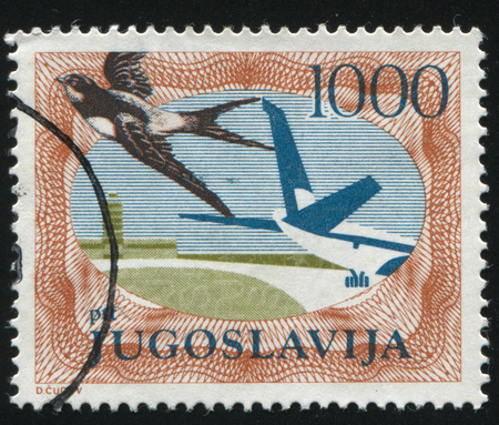 RUSSIA KALININGRAD, 12 NOVEMBER 2016: stamp printed by Yugoslavia, shows Bird tail of Jat on airfield, circa 1984のeditorial素材