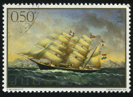 RUSSIA KALININGRAD, 12 NOVEMBER 2016: stamp printed by Yugoslavia, shows the ship Eber by Vasa ivankovic, circa 1969のeditorial素材