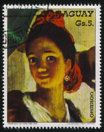 RUSSIA KALININGRAD, 19 APRIL 2017: stamp printed by Paraguay, shows Painting the Parasol by Francisko de Goya, circa 1978のeditorial素材