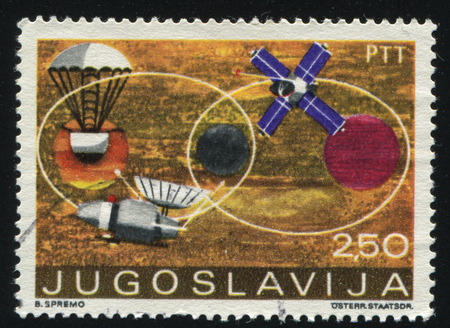 RUSSIA KALININGRAD, 12 NOVEMBER 2016: stamp printed by Yugoslavia, shows various spacecraft, circa 1971のeditorial素材