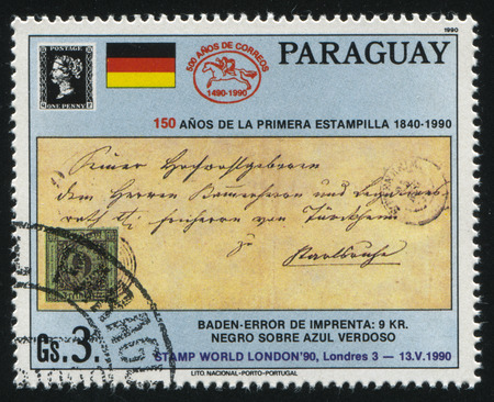 RUSSIA KALININGRAD, 22 APRIL 2017: stamp printed by Paraguay, shows letter from Baden, circa 1990のeditorial素材