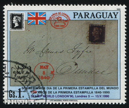 RUSSIA KALININGRAD, 22 APRIL 2017: stamp printed by Paraguay, shows Penny Black on cover, circa 1990のeditorial素材